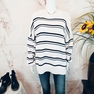 Joie Striped Knit Sweater Ivory Black Oversized Crewneck Nautical 2X Spring